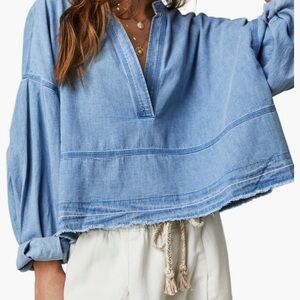 Free People Jude Oversized Boxy Blue Denim Pullover